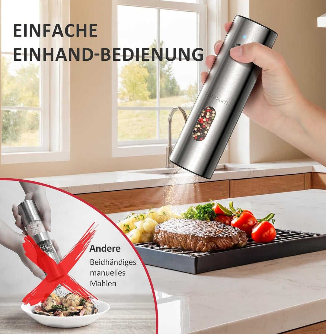 WONMAKE Salz und Pfeffermühle Elektrisch, Elektrische Pfeffermühle Mühle Set Edelstahl mit USB-C Dua