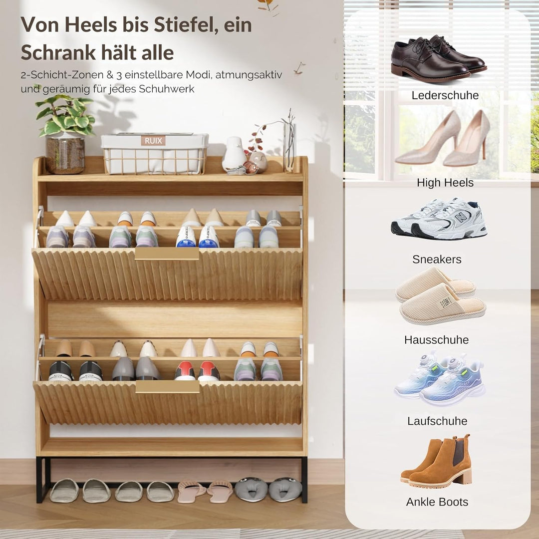 LEADZM Schuhschrank schmal,Schuhkipper mit 2 Flip-Schubladen Schuhregal mit Metallfüssen Trennwand v