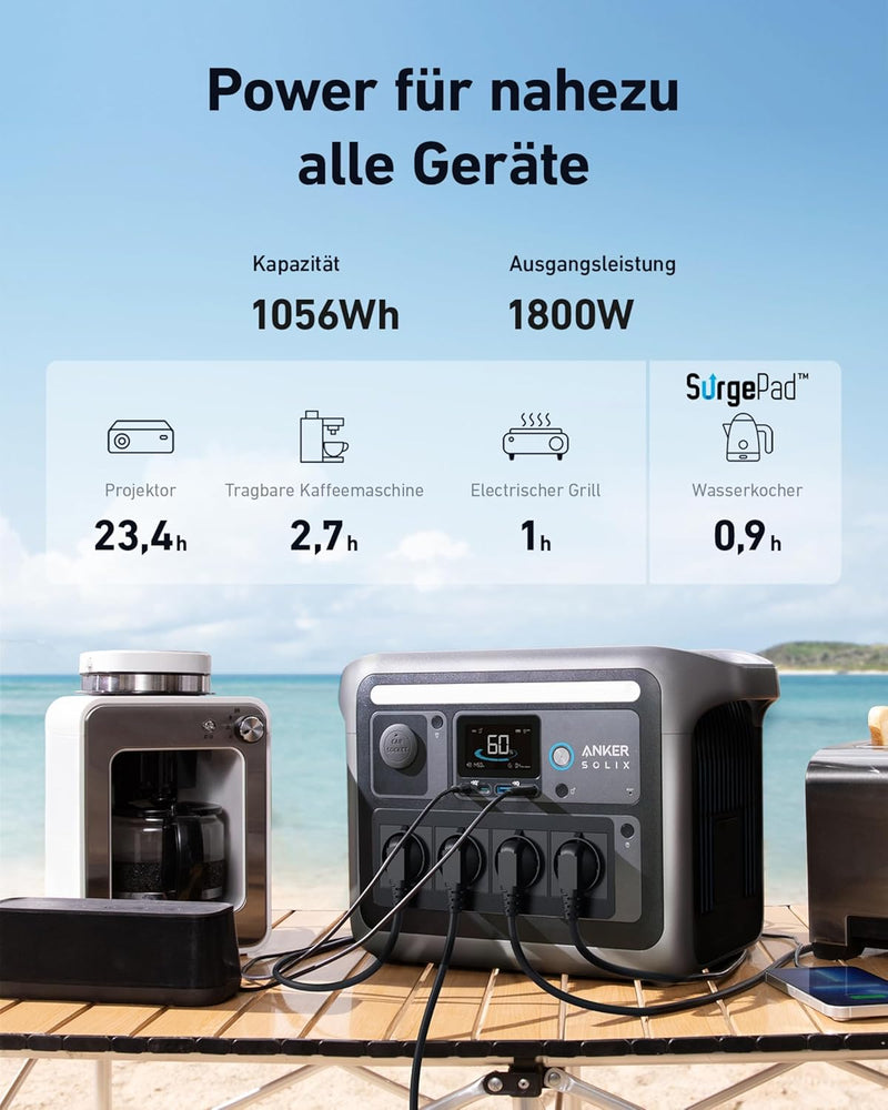 Anker SOLIX C1000 Tragbare Powerstation, LiFePO4, 1800W Solargenerator, 100% geladen in 58 Min. mit