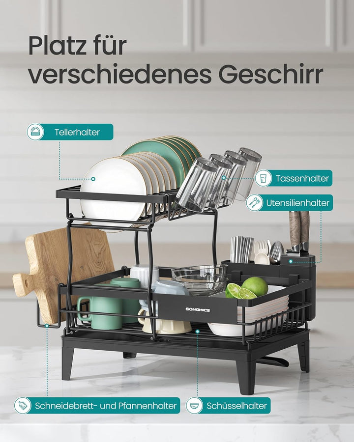 SONGMICS Abtropfgestell Geschirr, 2 stufiger Geschirr-Abtropfständer, 360° drehbarer und ausziehbare