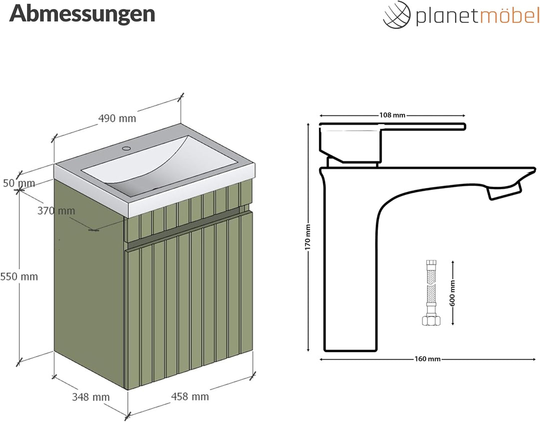 Planetmöbel Cosmia Badmöbel Set Waschtisch mit Unterschrank 50 x 60 x 35 cm Mint Grün, Armatur Badez