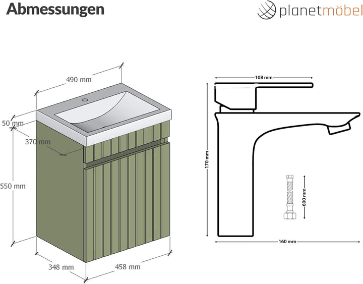 Planetmöbel Cosmia Badmöbel Set Waschtisch mit Unterschrank 50 x 60 x 35 cm Mint Grün, Armatur Badez