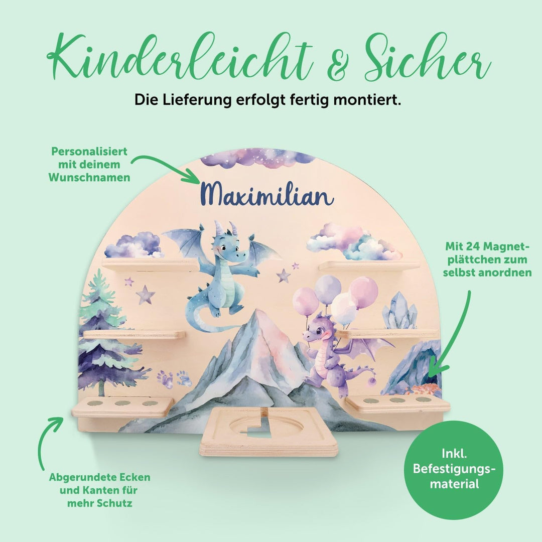 GRAVURZEILE Toniebox Regal - Drache - Personalisiert mit Name - Kinderzimmer Wandregal zur Aufbewahr