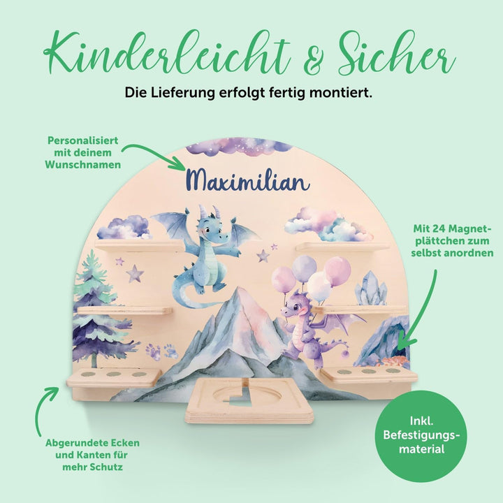 GRAVURZEILE Toniebox Regal - Drache - Personalisiert mit Name - Kinderzimmer Wandregal zur Aufbewahr