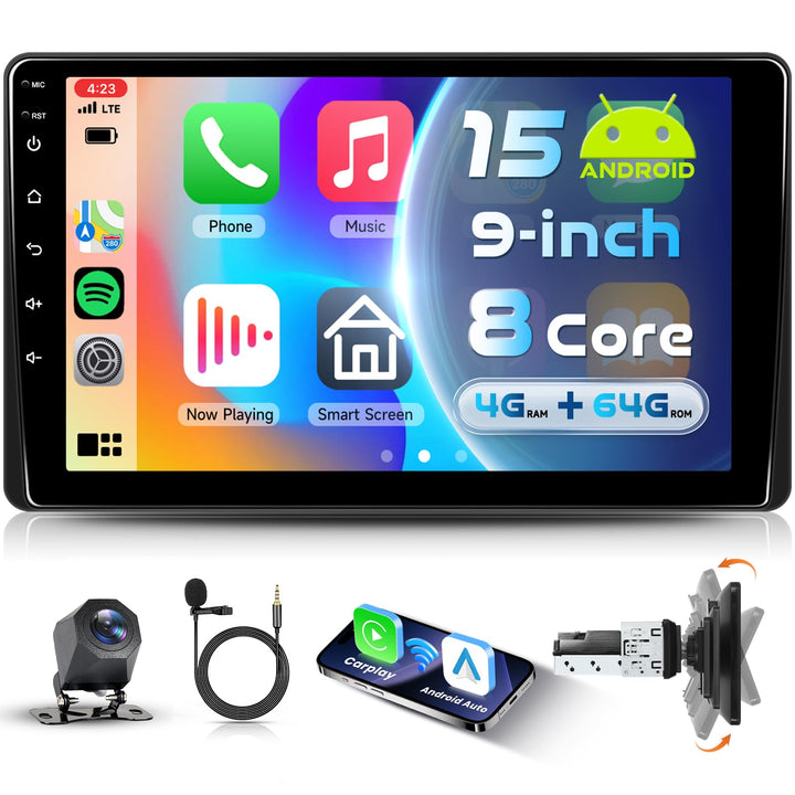 8 Kern 4G+64G Android 15 Autoradio 1 Din mit Drahtlos Carplay Android Auto, 9-Zoll-Rotations-HD-Touc