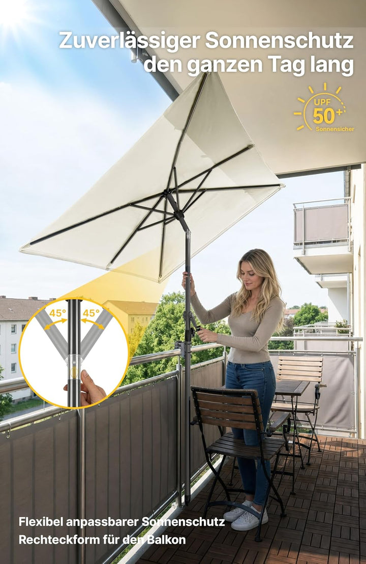 4smile SunnyShade Sonnenschirm Balkon mit Halterung im 3-er-Set, UV 50+, 210x140 cm, Beige, Balkonsc