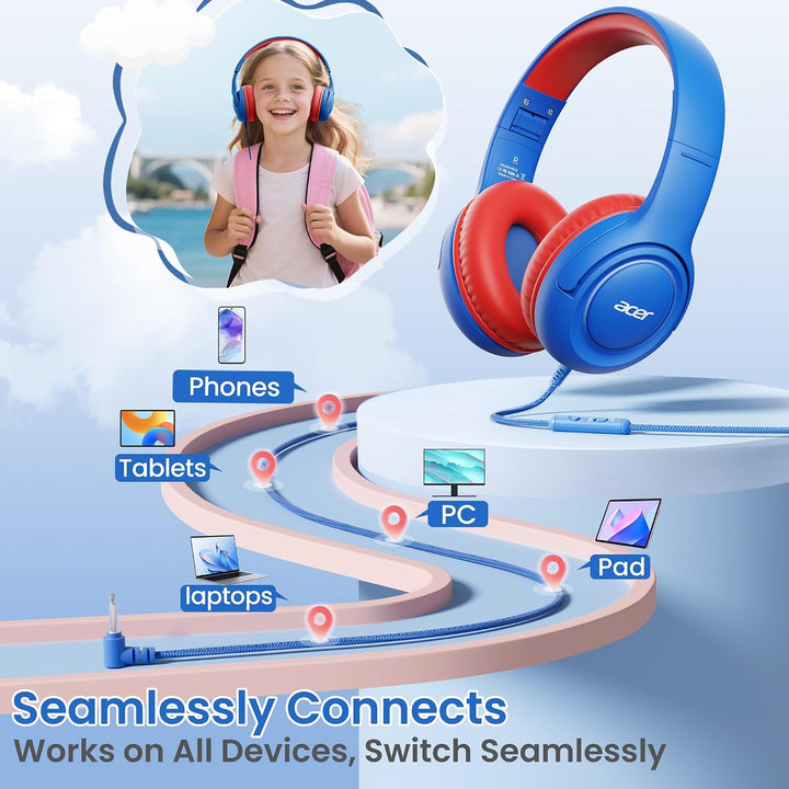 Acer Kopfhörer Kinder mit 3,5 mm Kabel, 85/94dB Lautstärkebegrenzung Blau Rot, Blau Rot