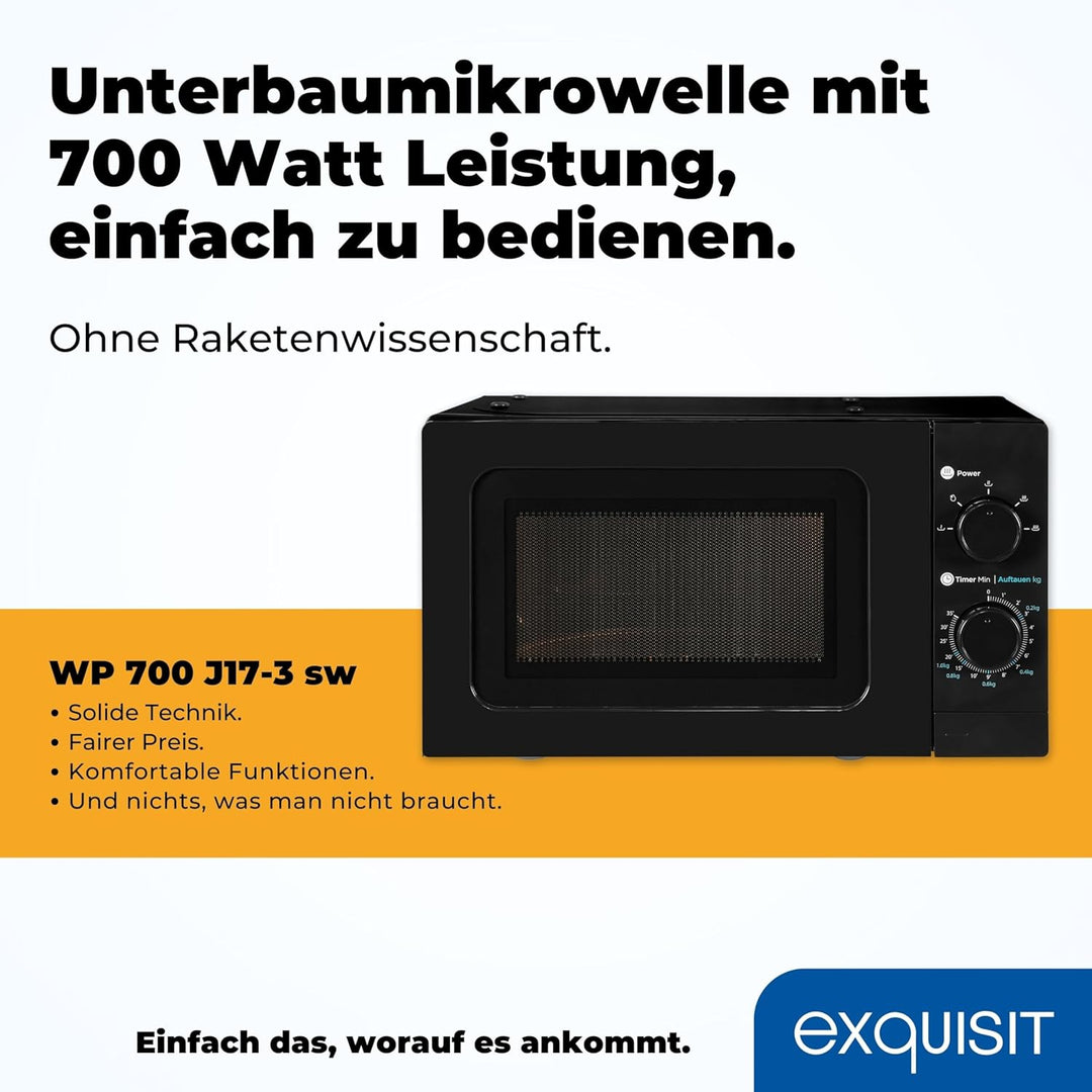 Exquisit Mikrowelle WP 700 J17-3 sw | 700 W Leistung | 20 L Garraum | Unterbau | Schwarz | Mikrowell