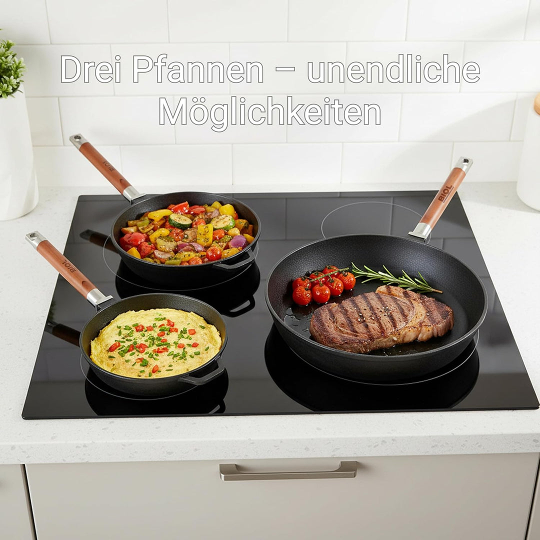 BIOL Gusseisen Pfannen Set 24 cm + 26 cm + 28 cm – 3-teilig – Mit abnehmbaren Holzgriffen – Für Indu