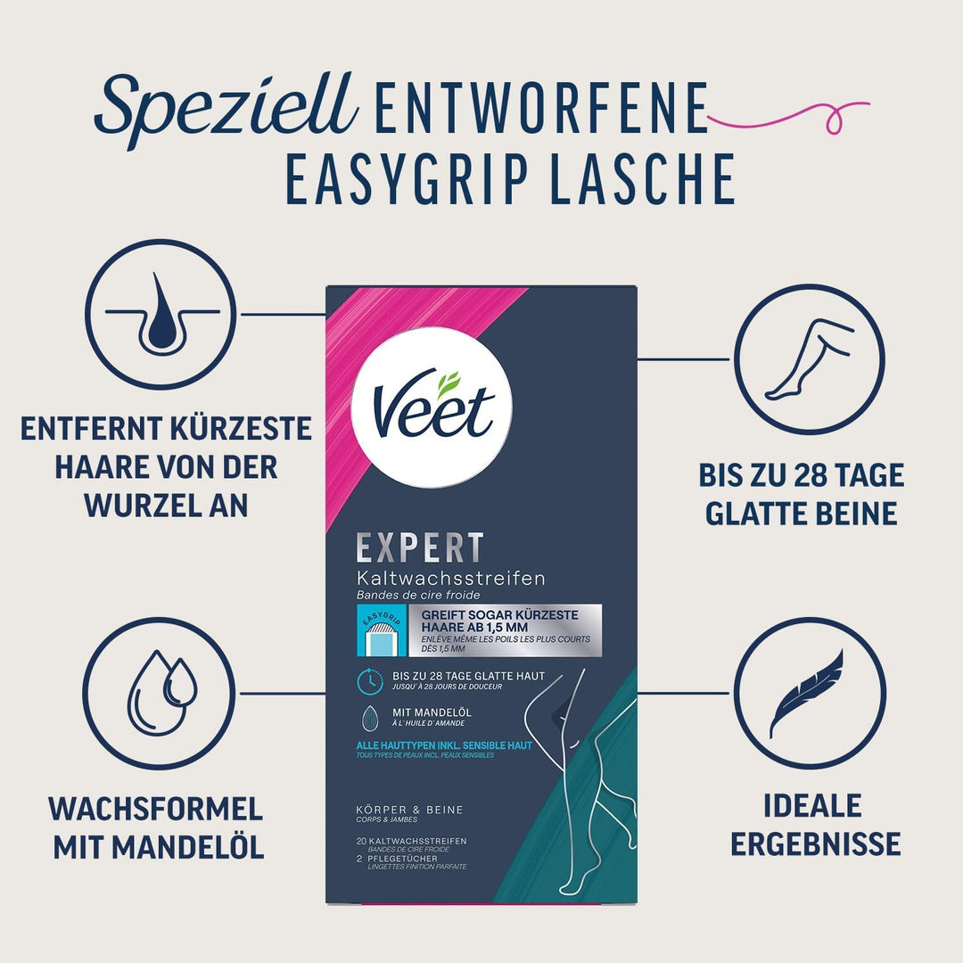 Veet Expert Kaltwachsstreifen Körper &amp; Beine - Wachsstreifen zur Haarentfernung für alle Hauttypen i