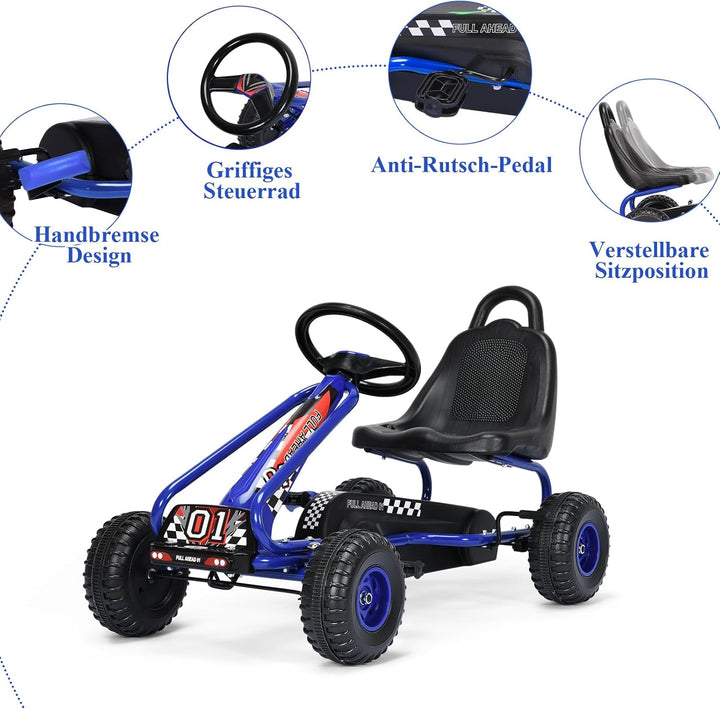 SOARS Gokart, Tretauto mit verstellbarem Sitz & Fusspedal, Go Kart mit Handbremse, Kinderspielfahrze