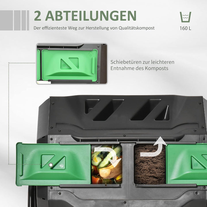 Outsunny Komposter 160L, 71cm x 65cm x 96cm Drehbarer Schnellkomposter aus Kunststoff, Thermokompost