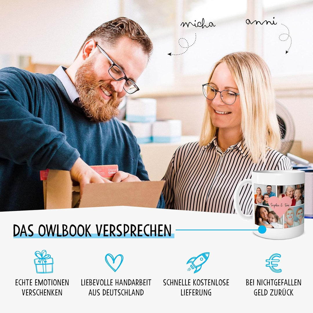 OWLBOOK® Personalisierte Tasse mit 8 Fotos & Spruch selbst gestalten | Fototasse mit eigenem Bild &