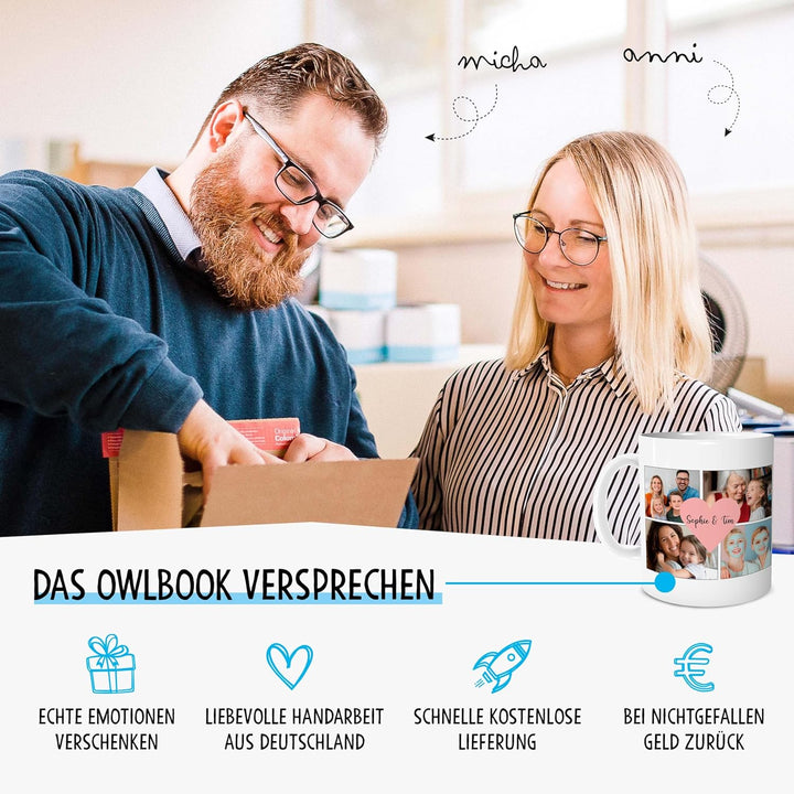 OWLBOOK® Personalisierte Tasse mit 8 Fotos & Spruch selbst gestalten | Fototasse mit eigenem Bild &