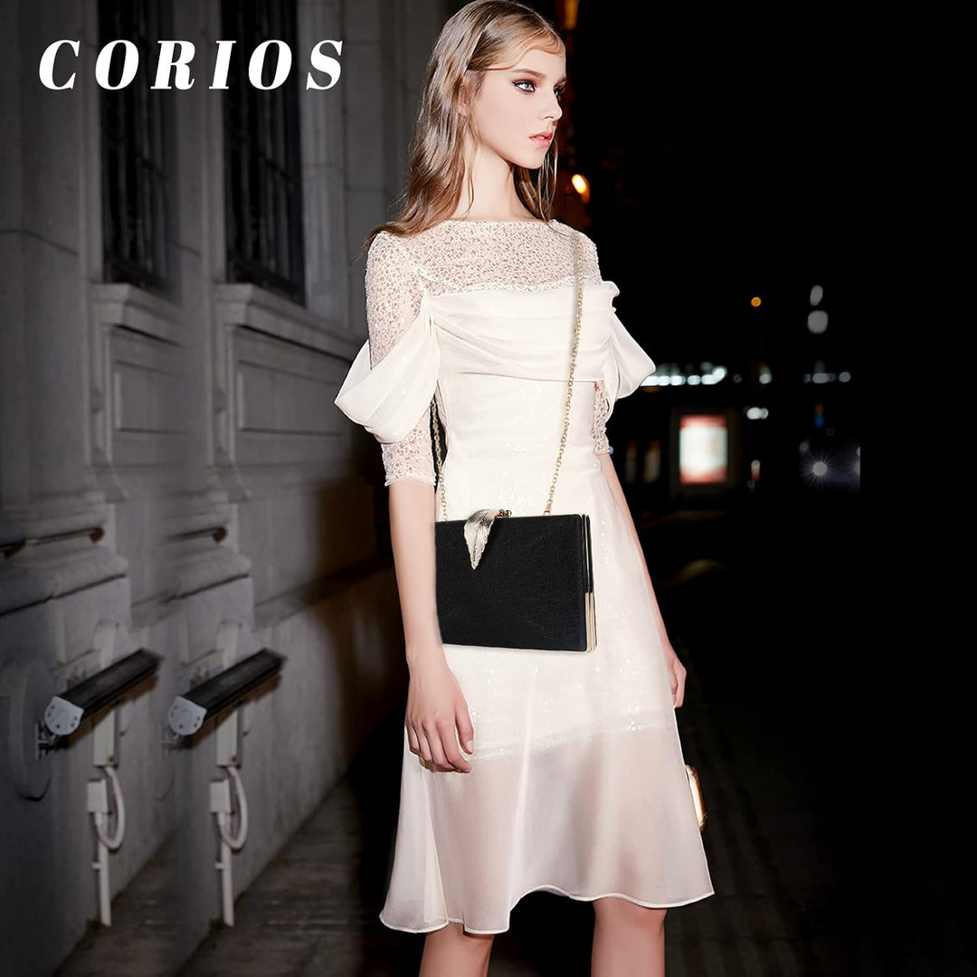 CORIOS Clutch Damen Kette Abendtasche Umhängetasche mit Blatt Schnalle Verschluss Glänzend Schultert