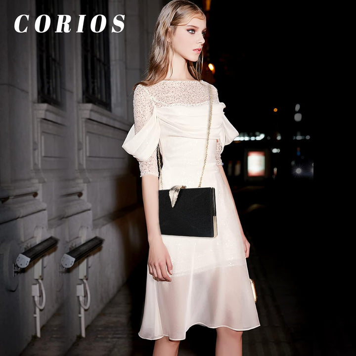 CORIOS Clutch Damen Kette Abendtasche Umhängetasche mit Blatt Schnalle Verschluss Glänzend Schultert