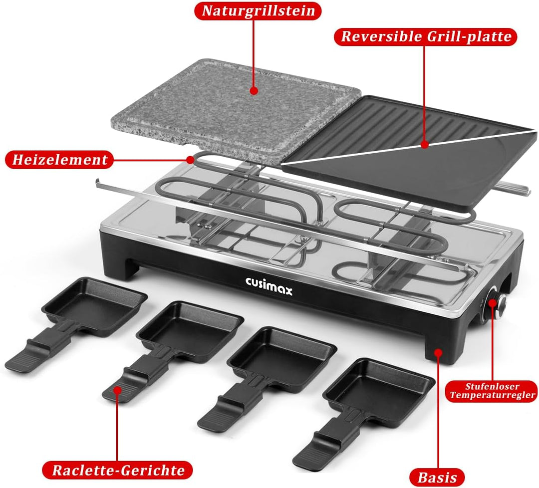 CUSIMAX Raclette Grill mit Reversible Grillpfanne & Natürlichem Grillstein, Raclette Partygrill für