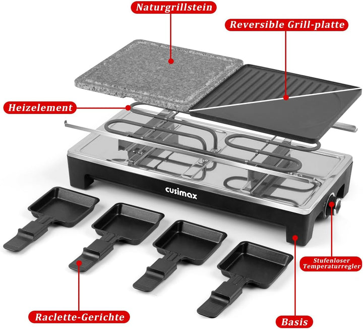 CUSIMAX Raclette Grill mit Reversible Grillpfanne & Natürlichem Grillstein, Raclette Partygrill für
