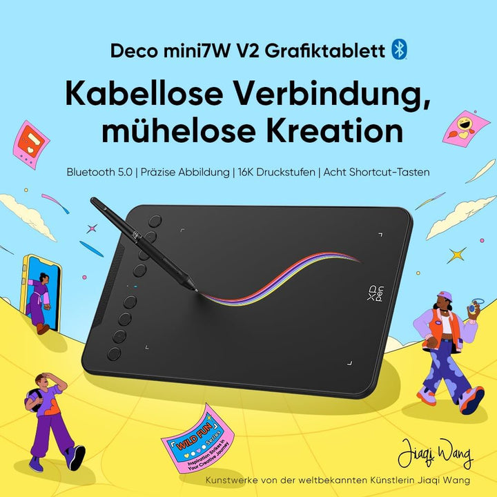 XPPen Deco mini7W V2 Grafiktablett 7x4,37 Zoll, mit Batterielos Stift 16384 Druckstufen, 5080LPI, 20