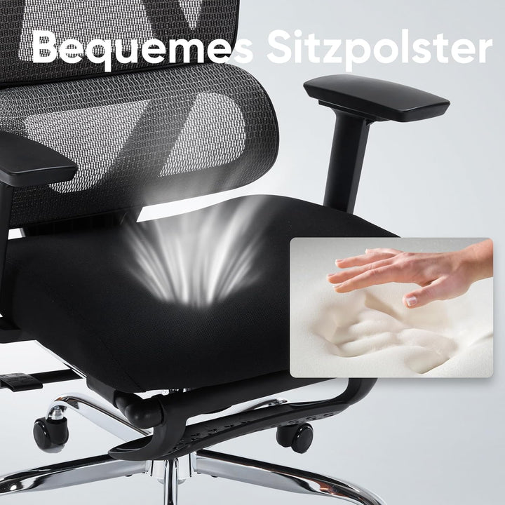 Bürostuhl Ergonomisch, Schreibtischstuhl aus Netzgewebe mit Kopfstütze, Fussstütze und 3D-Armlehnen,