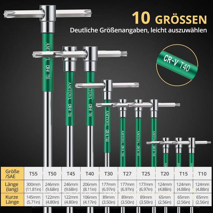 AMTOVL T-Griff-Sternschlüssel-Set, Torx, 10-teilig, T10-55, Schiebegriff, Chrom-Vanadium-Stahl, mit