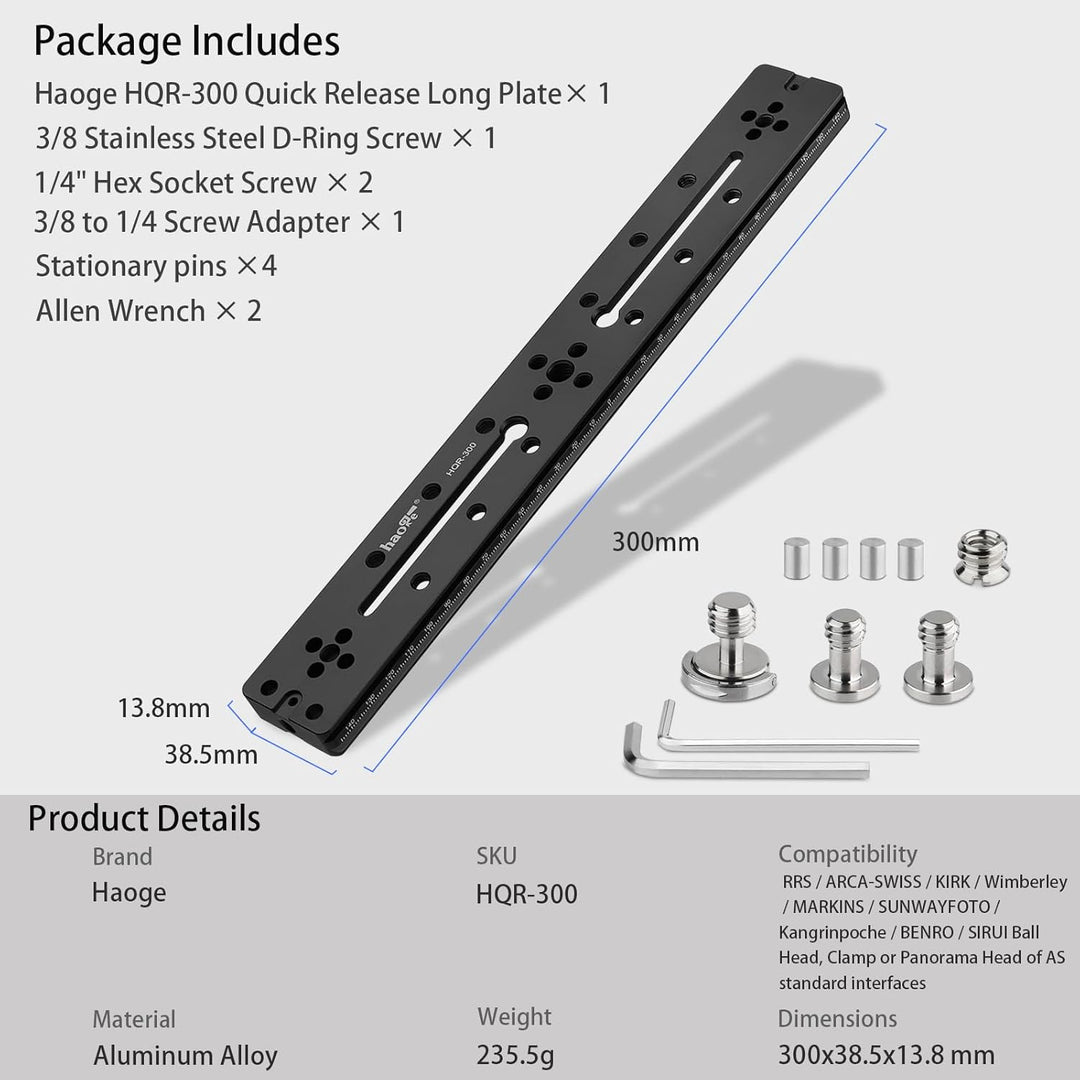 Haoge HQR-300 300 mm Mehrzweck-Schnellwechselplatte für Kamerastativ, Kugelkopf, Klemme für Arca Swi