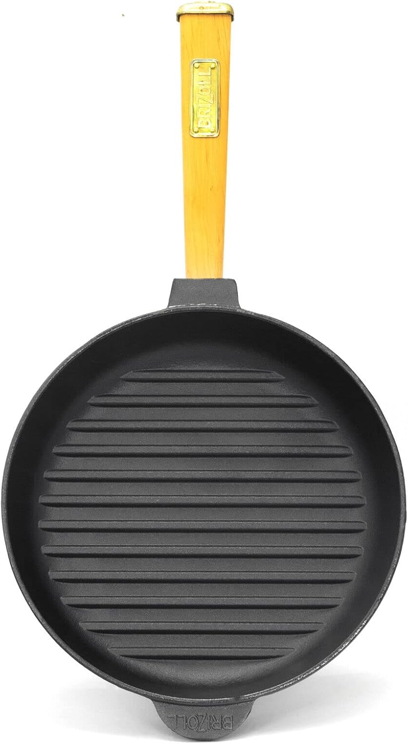 4BIG.fun Ø28cm Grillpfanne Gusseisen mit Pressdeckel Induktion Holzgriff Bratpfanne Pfanne Feuerpfan