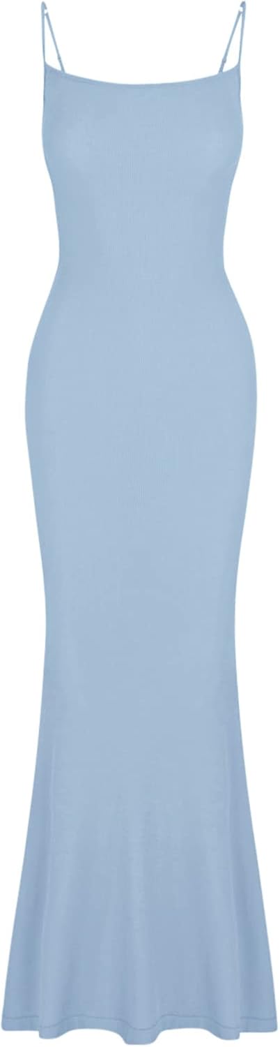 REORIA Damen Sexy Lounge Slip Langes Kleid Elegantes Hochzeitsgast ärmelloses rückenfreies Geripptes