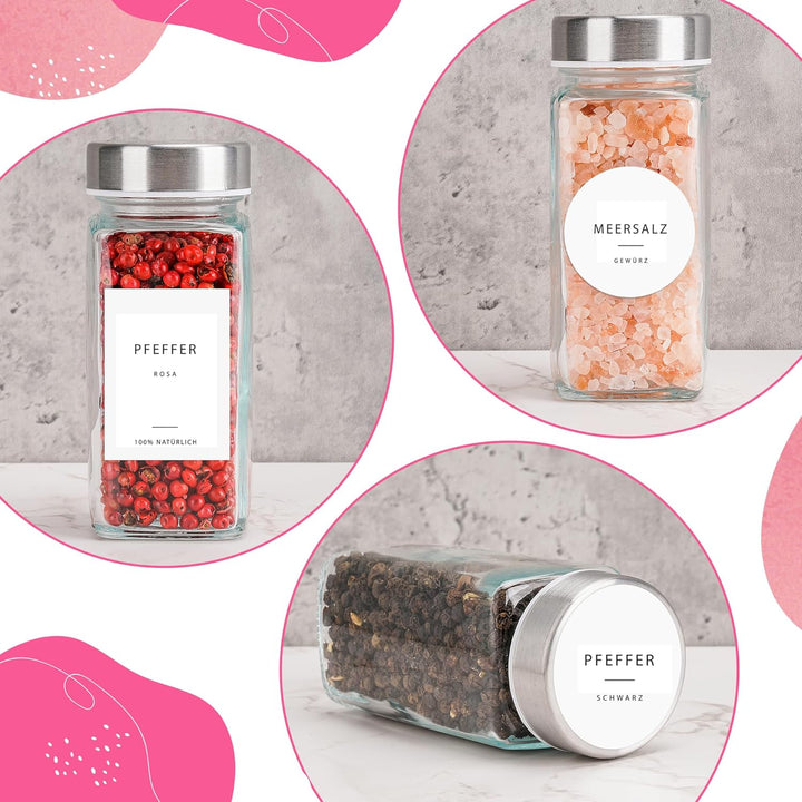 Happy Lemuro 24er Gewürzdosen Set [120ml] 301 Etiketten auf Deutsch | Gewürzgläser mit Streueinsatz,