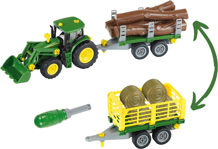 Klein Theo 3906 John Deere Traktor mit Holz- und Heuwagen I Schraubset inkl. Schraubendreher I Masse