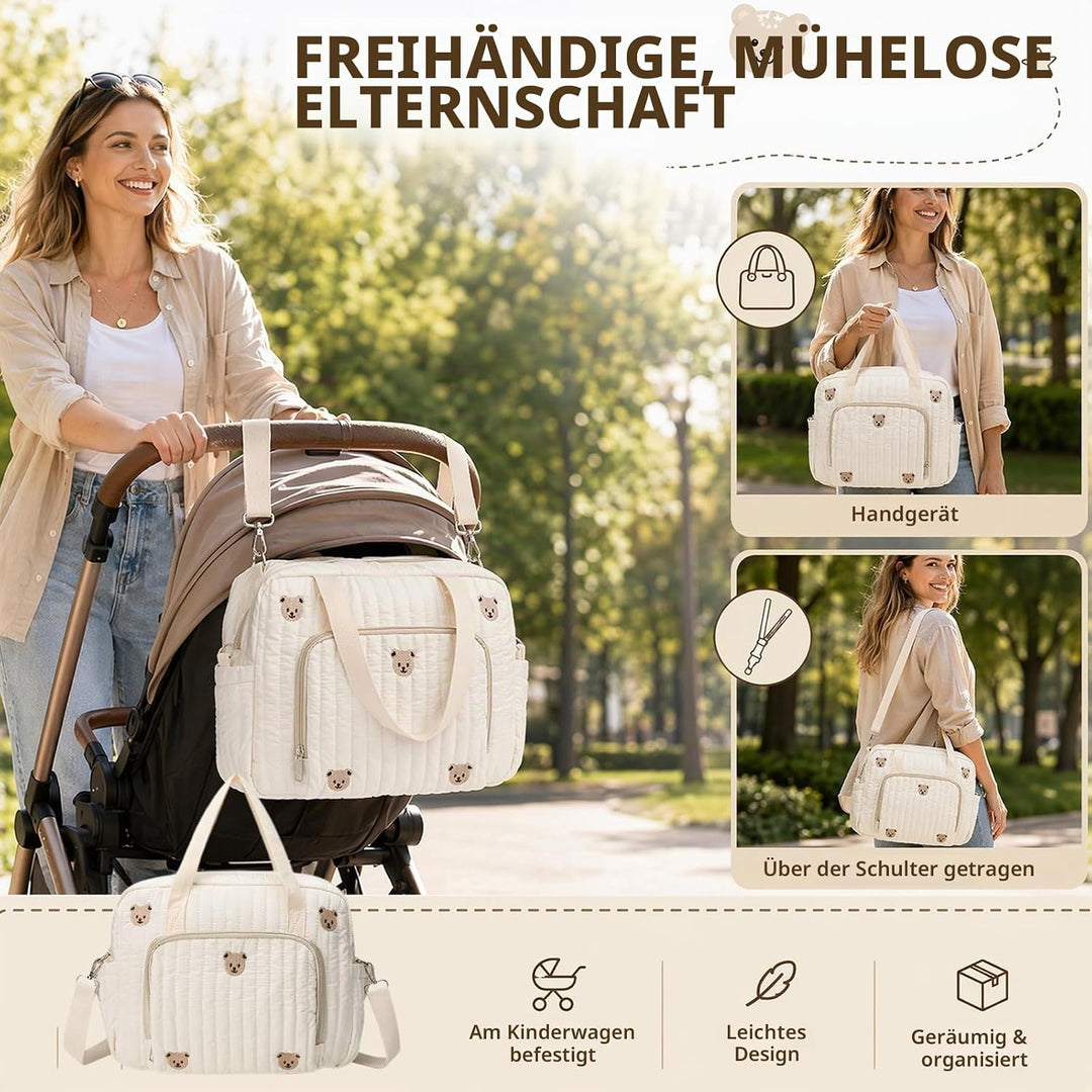 Wickeltasche Baby Grosse Muttertasche aus Baumwolle mit Stickerei, Gesteppte Wickeltasche Damen mit