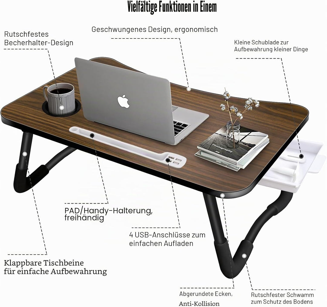 A3A ACADGQ Laptoptisch, Laptop Betttisch Klappbar, Bett Tisch mit 4 USB Ladeanschluss, Schublade, Ta
