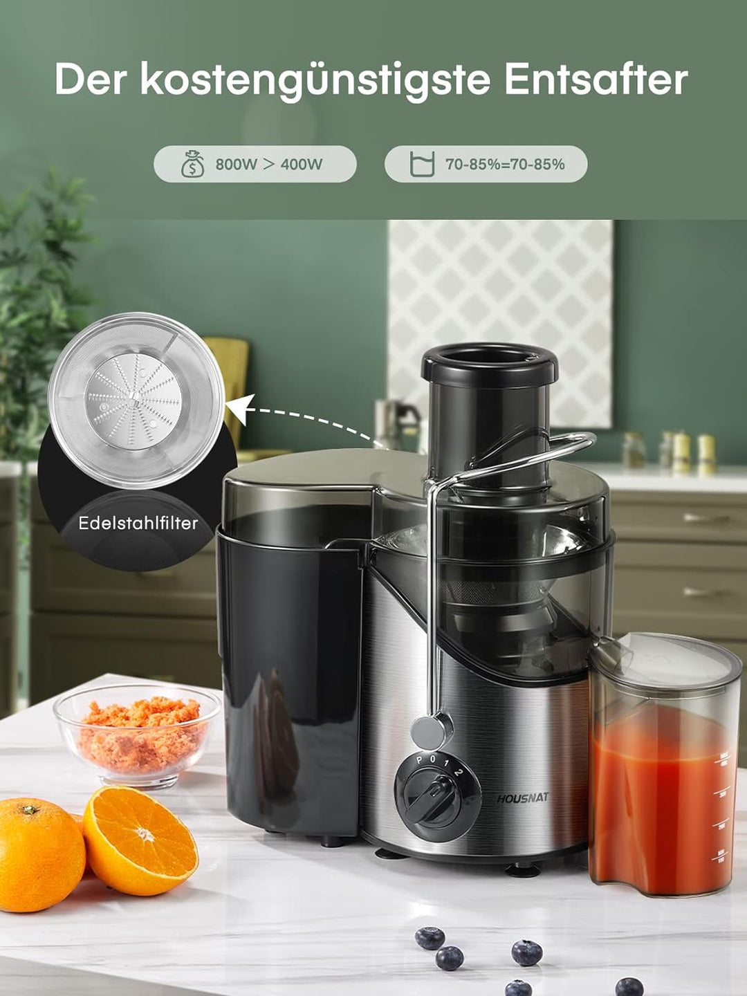 HOUSNAT Entsafter Gemüset und Obst, Juicer mit Grossem Mund, Grossem 65-mm-Zufuhrschacht und 3 Gesch