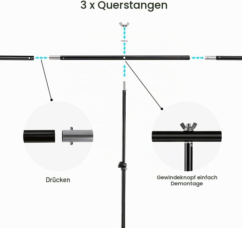 Hintergrundständer T Form 2 x 2,6 m Verstellbarer Hintergrundständer mit DREI Abschnitte Querstange