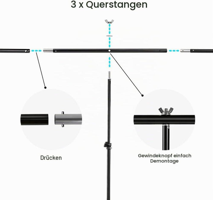 Hintergrundständer T Form 2 x 2,6 m Verstellbarer Hintergrundständer mit DREI Abschnitte Querstange
