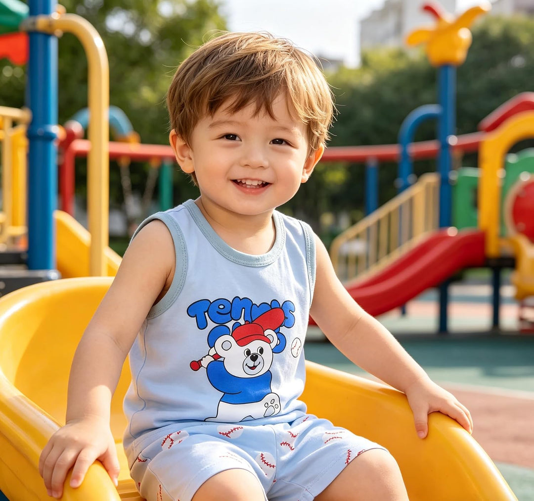 8er Pack Baby Kinder Outfit Set, Ärmelloses Baumwoll Weste + Shorts, Cartoon Print Jungen Mädchen 3