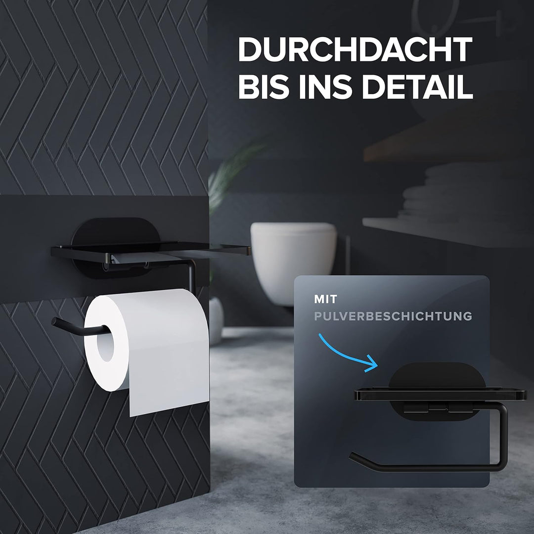 Toilettenpapierhalter Remoya mit Glasablage ohne Bohren schwarz | Klopapierhalter selbstklebend schw