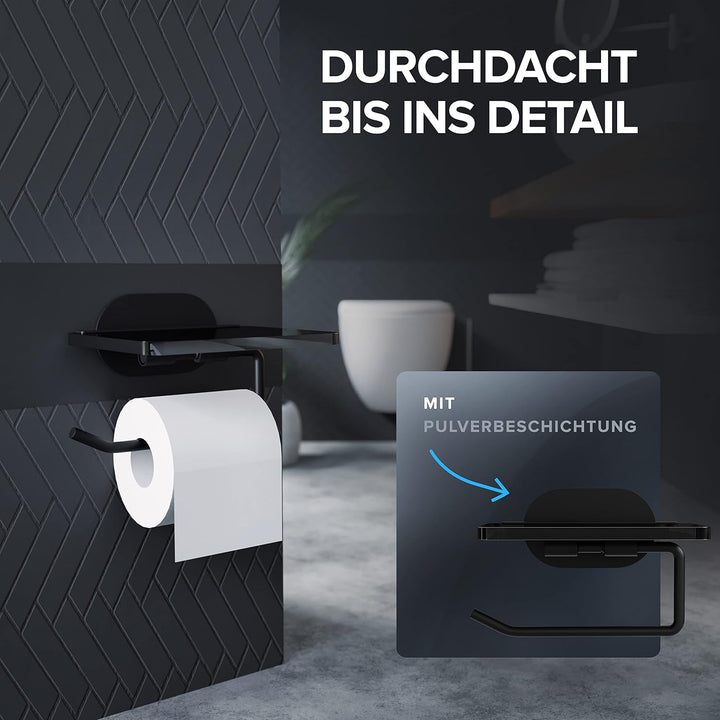 Toilettenpapierhalter Remoya mit Glasablage ohne Bohren schwarz | Klopapierhalter selbstklebend schw