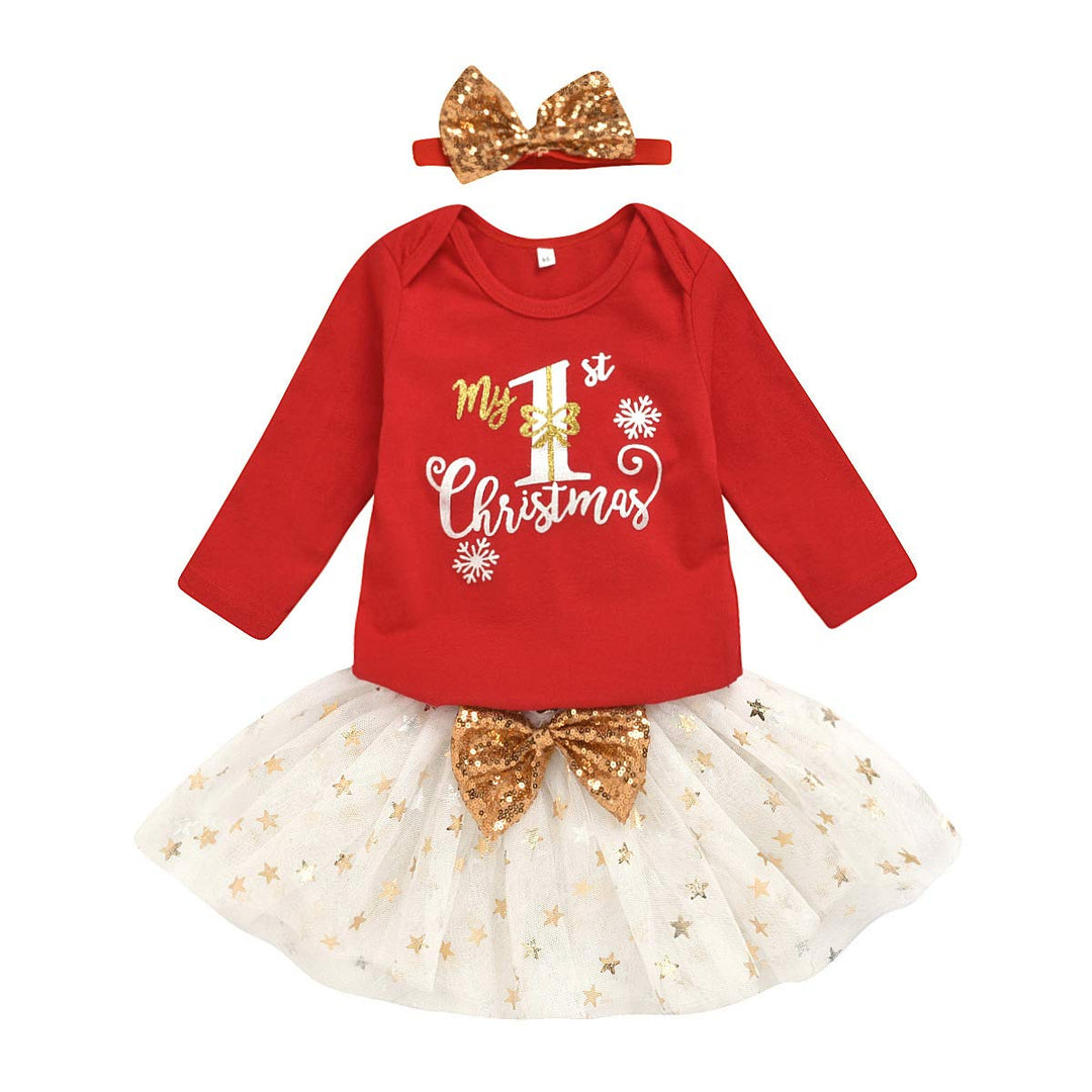 Neugeborenes Baby Mädchen Weihnachtsoutfits My 1st Christmas Strampler + Tutu Rock + Stirnband 3Pcs
