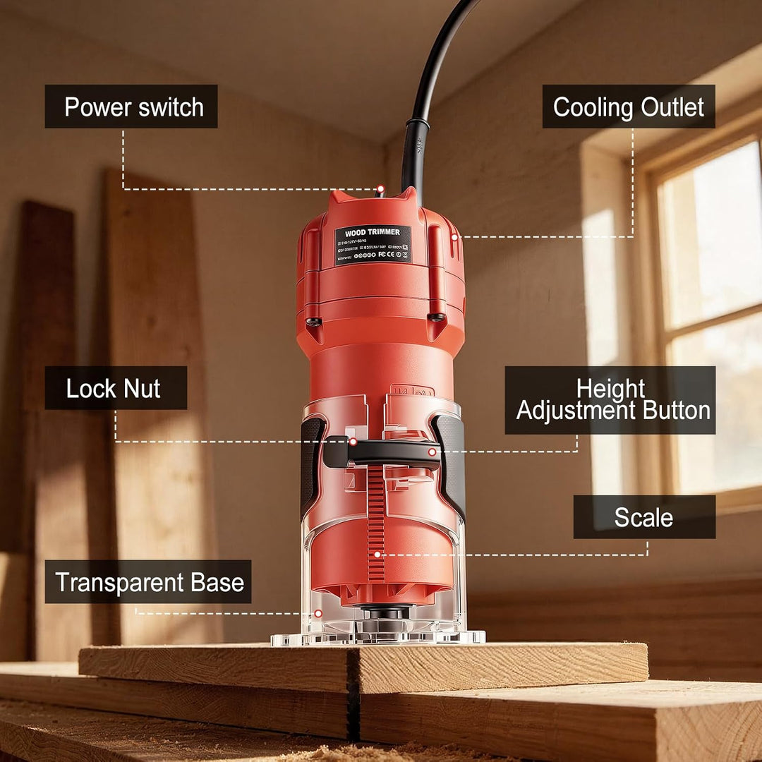 Oberfräse Trimmer 800W, 30000 U/min Einhandfräse Kantenfräse Holz Multifunktionsfräse, Handfräsmasch