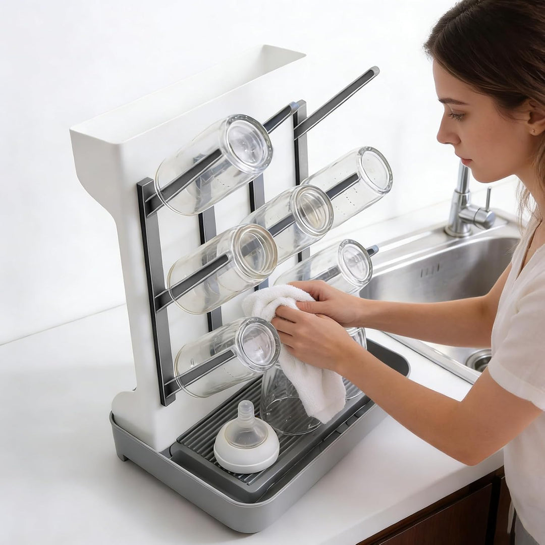 Trockenständer Babyflaschen mit Abtropfmatte 12 Haken Flaschentrockner mit Abtropfschale für Arbeits