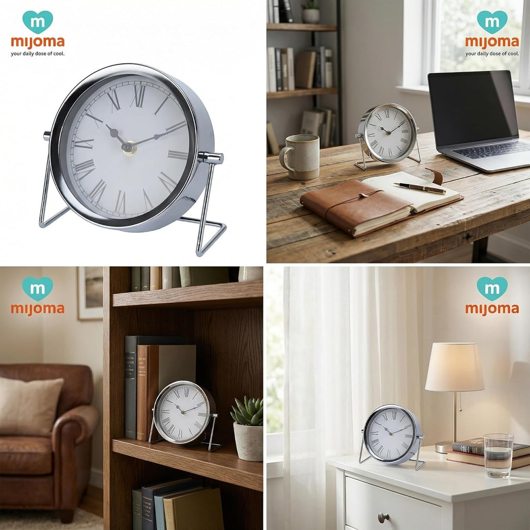 MIJOMA Retro Tischuhr Metall Silber – Vintage Design Uhr mit römischen Ziffern – Batteriebetriebene