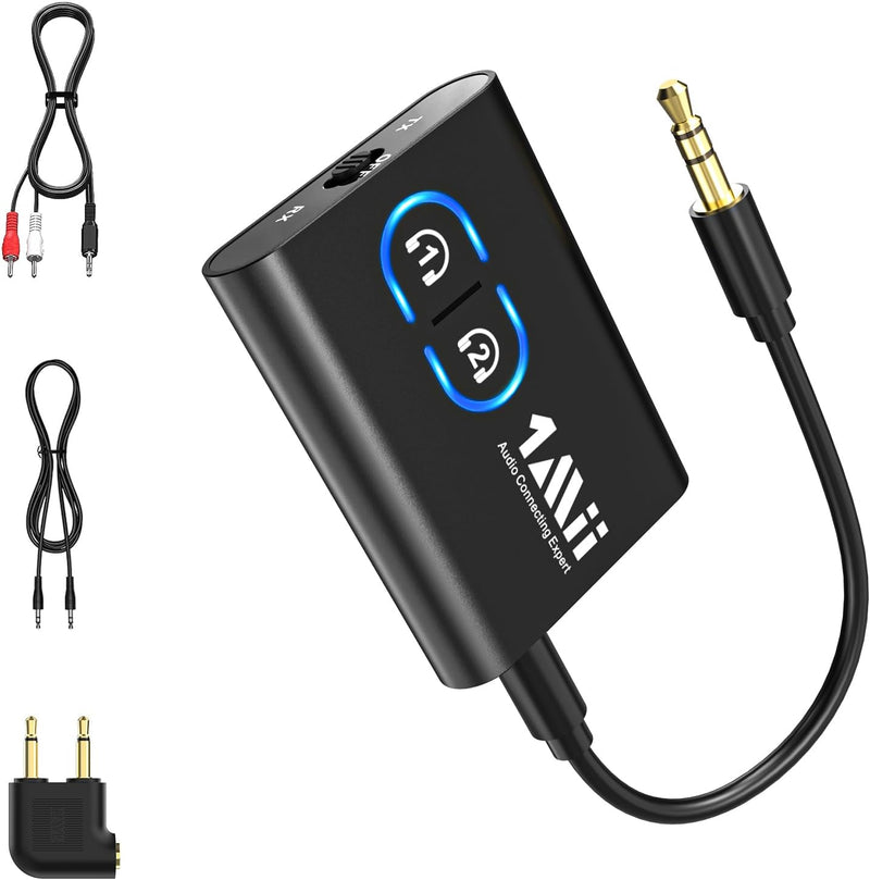 1Mii Bluetooth 5.3 Adapter Transmitter für TV Audio auf 2 Kopfhörer, 2-in-1 Bluetooth Sender Empfäng