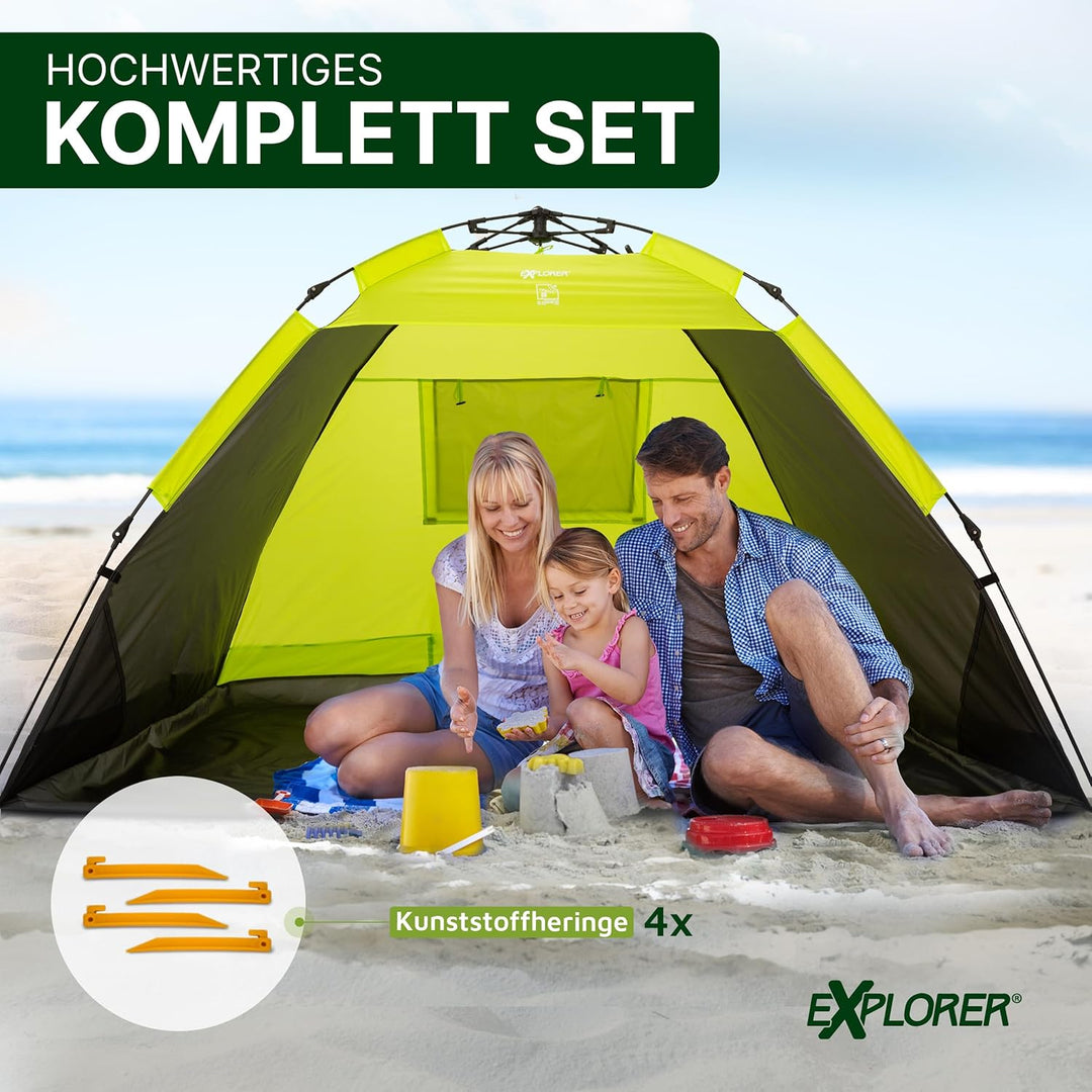 EXPLORER XXL Automatik Strandmuschel mit UV Schutz 80+ [220x150x130cm] kleines Packmass leicht und s