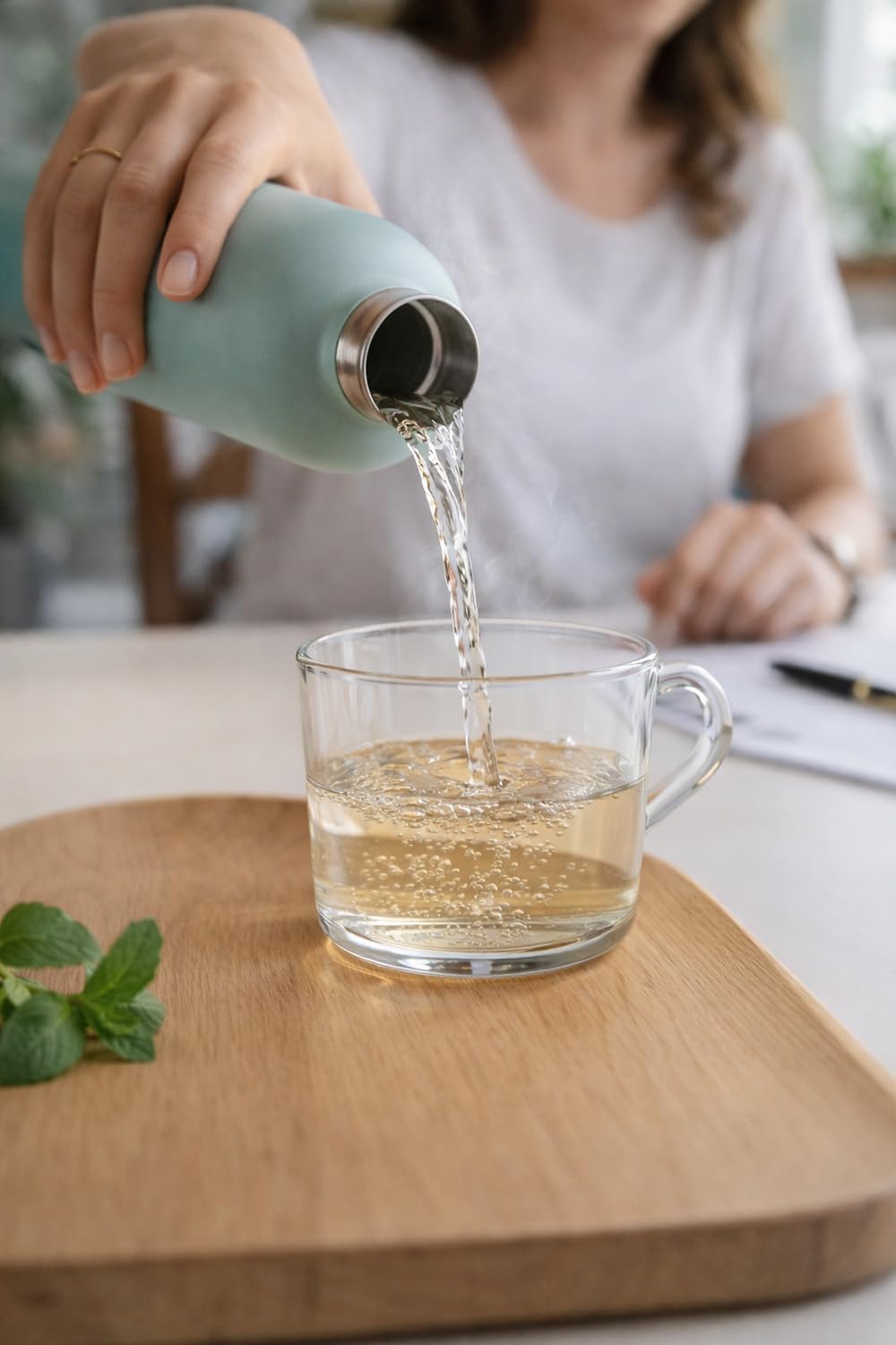 T&N Edelstahl Trinkflasche 1 Liter, Thermosflasche 1l mit Akazienholz Deckel, Isolierte Wasserflasch