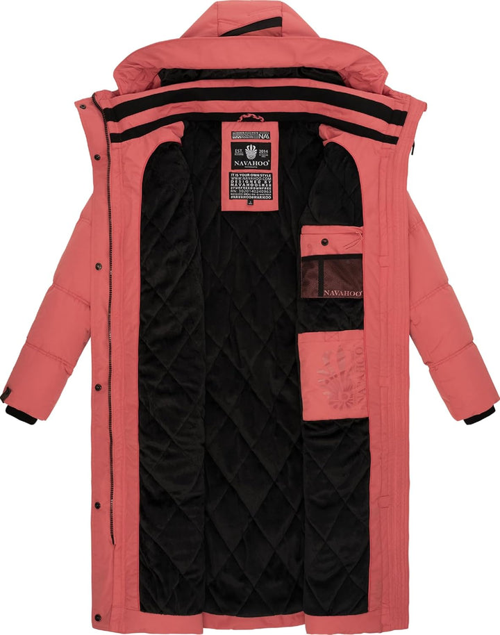 Navahoo Damen Wintermantel Warmer Steppmantel lang mit Kapuze Kuschelmausi S-XXL, Rouge