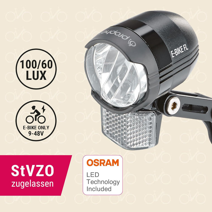 Prophete E-Bike Scheinwerfer 100 LUX/60 Lux mit OSRAM LEDs | Fernlicht und Abblendlicht | Integriert