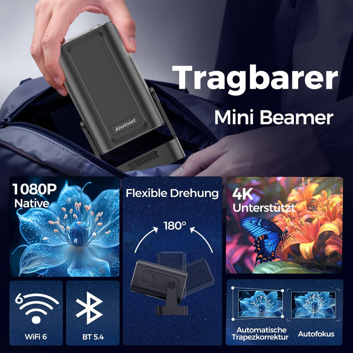 Alwtniet HY310 Mini Beamer 4K Unterstützt, 1080P Mini Projektor mit Autofokus &amp; Automatische Trapezk