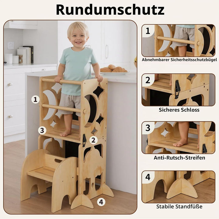 COSYLAND 4-in-1 Kleinkind-Küchenhocker-Helfer mit Sicherheitsschiene – Faltbarer Kleinkind-Stehturm