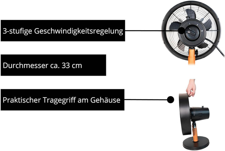 Unold 86715 Tischventilator Black Steel - Schwarz, 35 W, 3-stufige Geschwindigkeitsregelung, Oszilla
